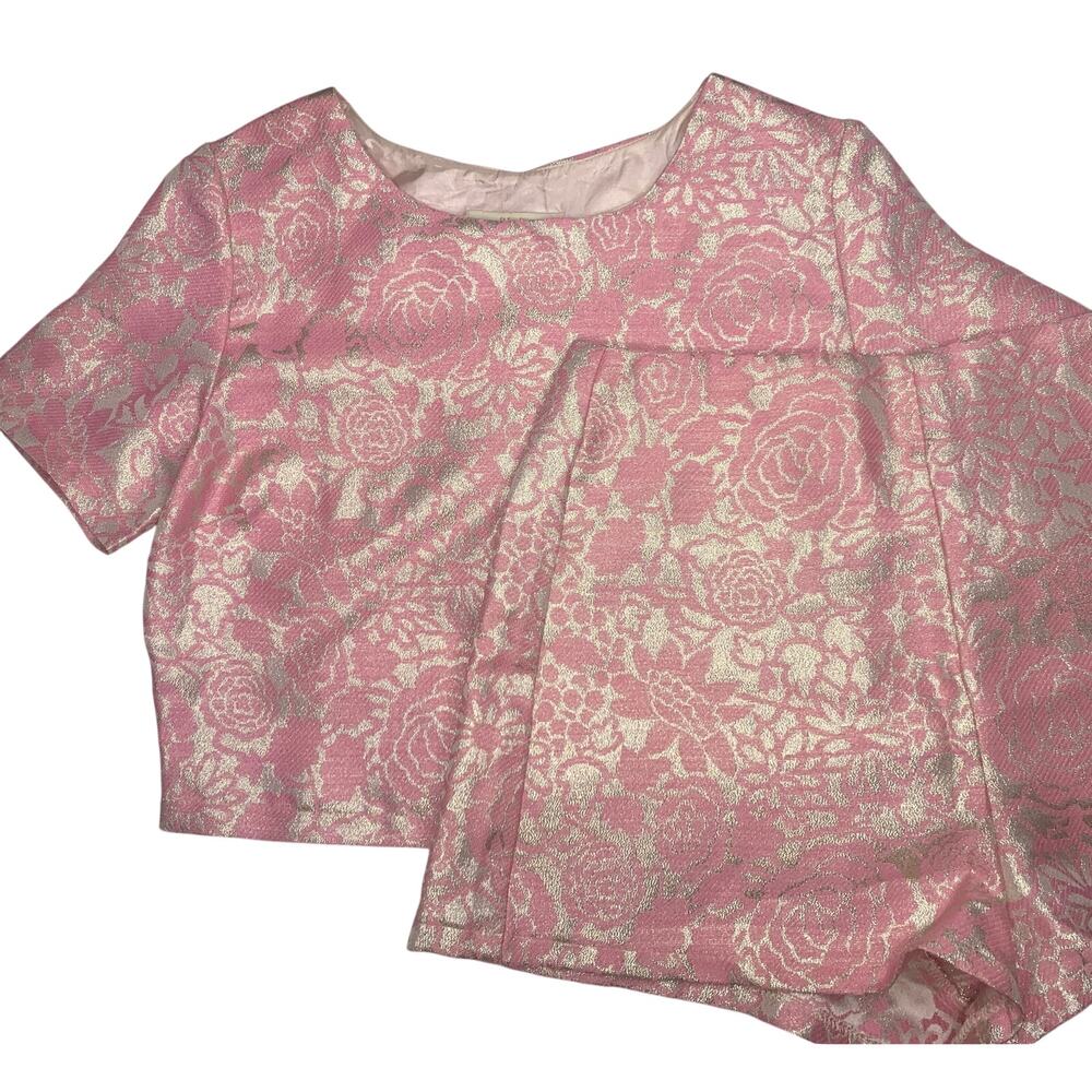 Do+Be shorts set pink silver floral high waist rise crop top small Do & Be